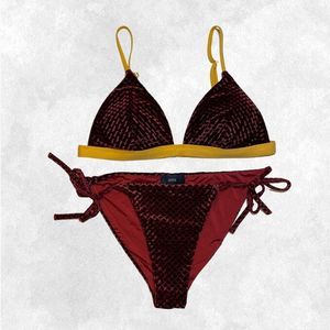 Onia Burgundy Red Velvet & Yellow Contrast Textured Velvet Triangle Bikini